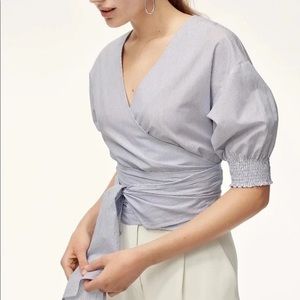 ❌SOLD❌BLUE AND WHITE STRIPPED WRAP BLOUSE TOP